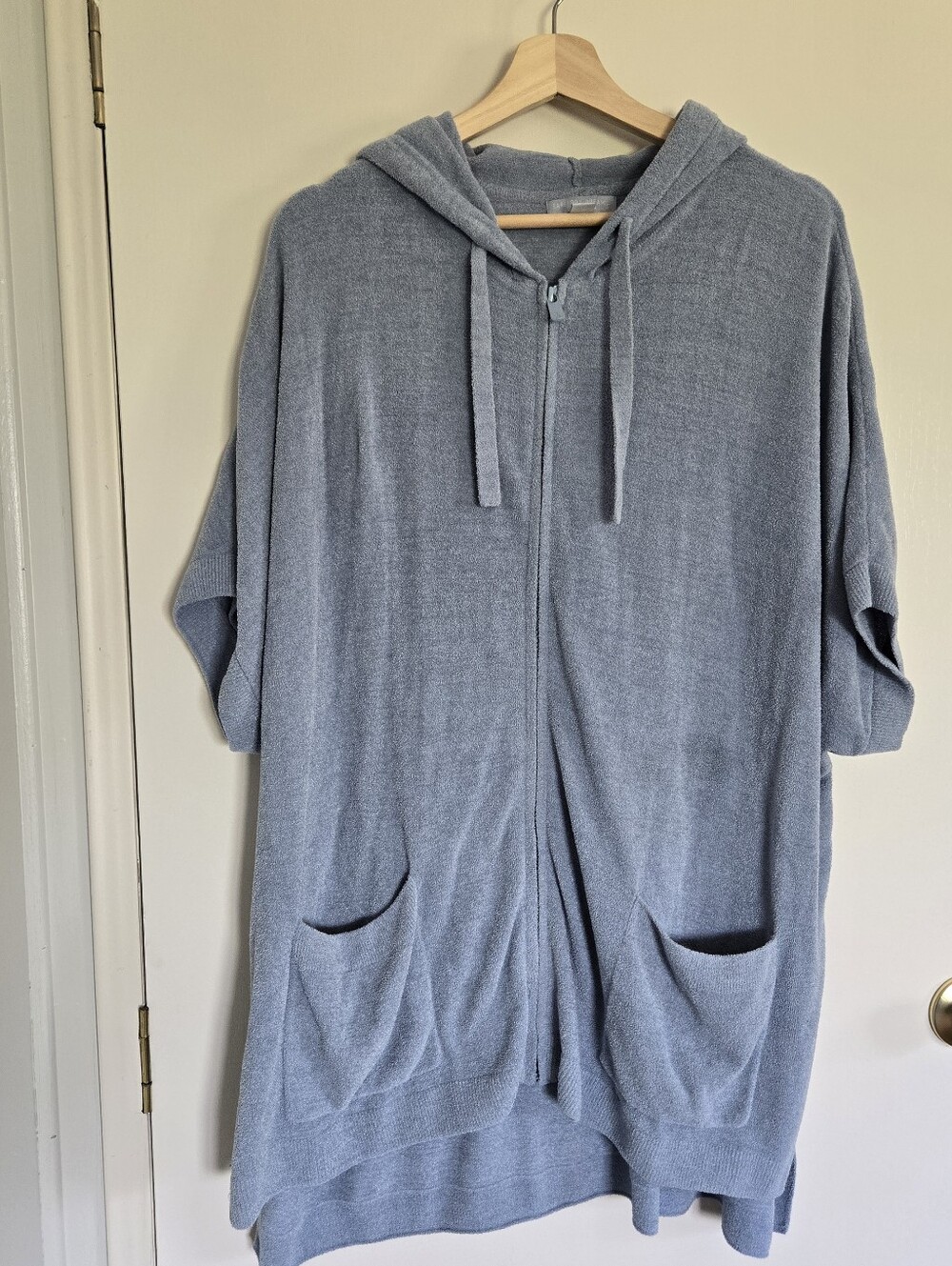 Barefoot Dreams Blue Hooded Zip-Front Short Sleeve Cardigan L/XL